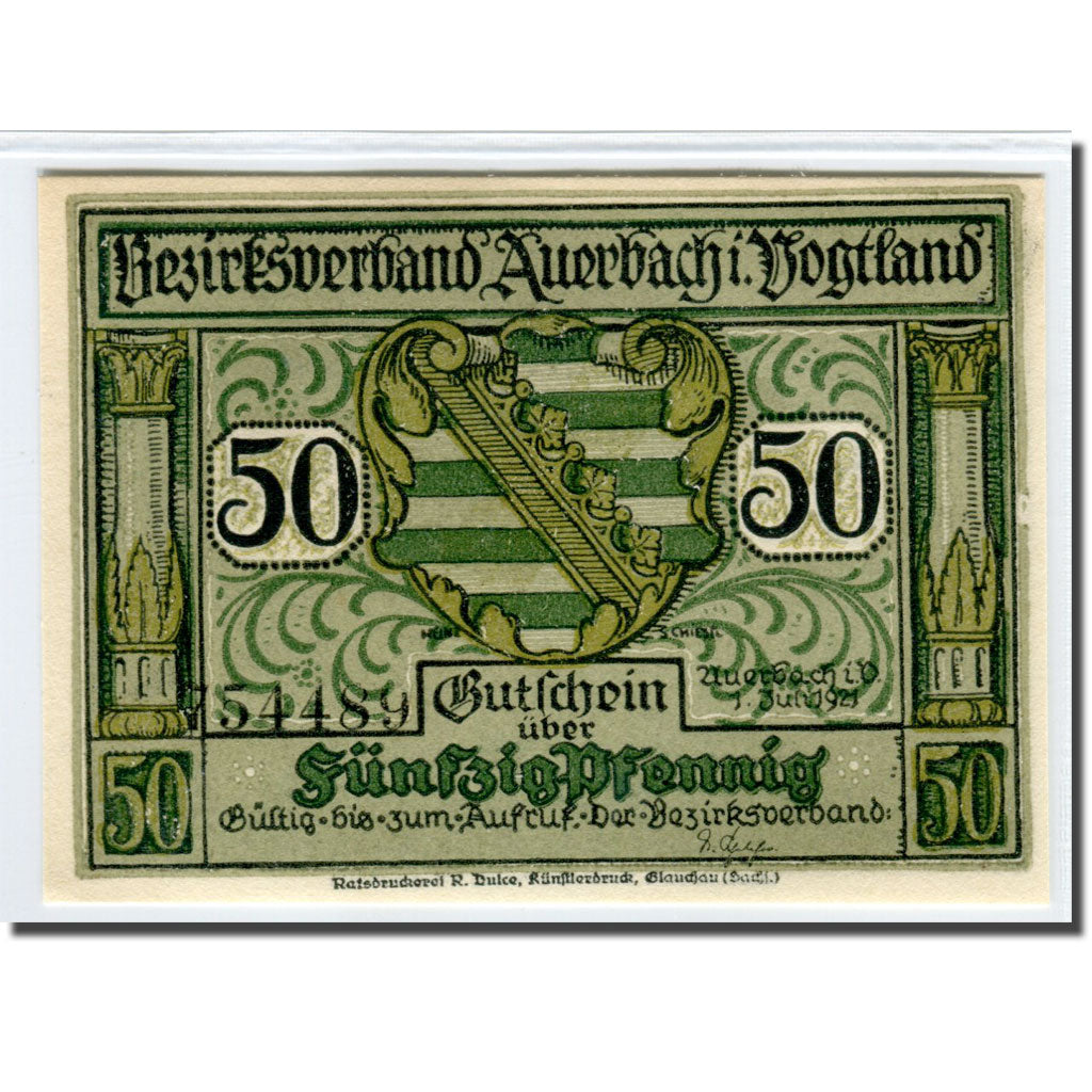 Biljet, Duitsland, Auerbach, 50 Pfennig, Blason, 1921, 1921-07-01, SPL