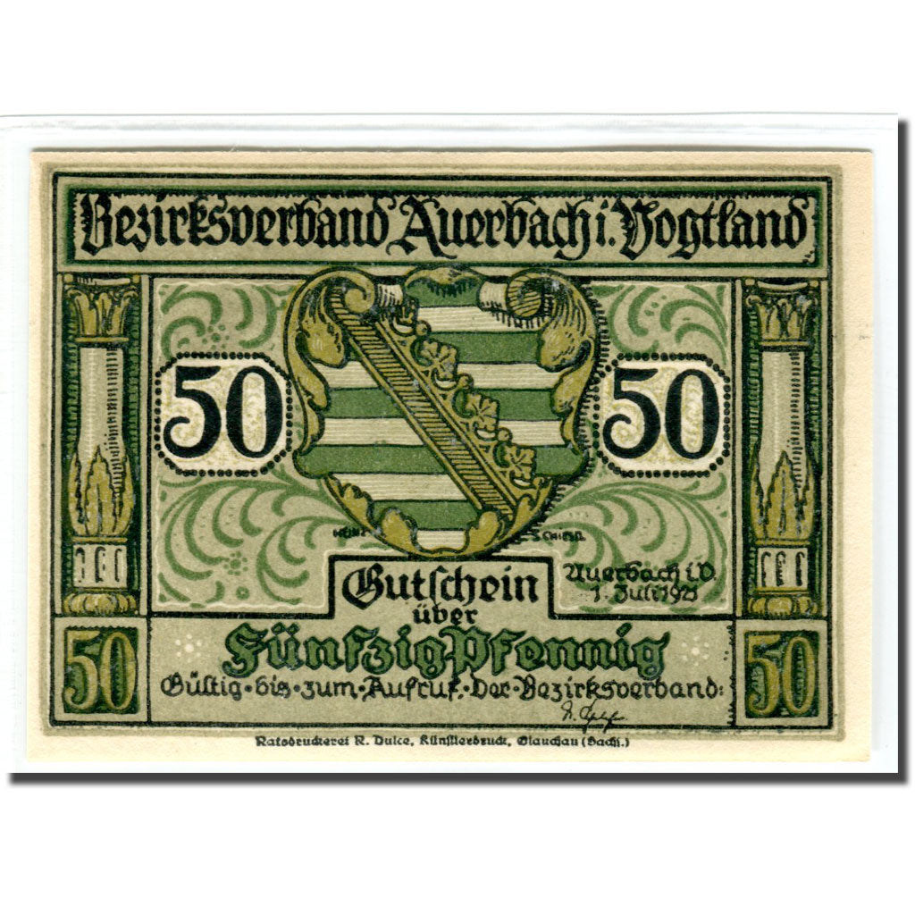 Biljet, Duitsland, Auerbach, 50 Pfennig, Blason, 1921, 1921-07-01, SPL