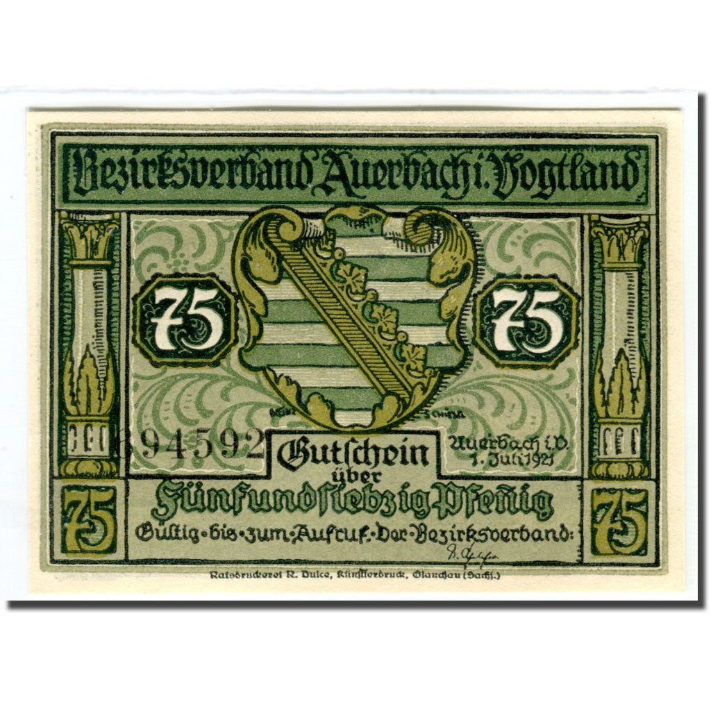 Banknote, Germany, Auerbach, 75 Pfennig, personnage 2, 1921, 1921-07-01