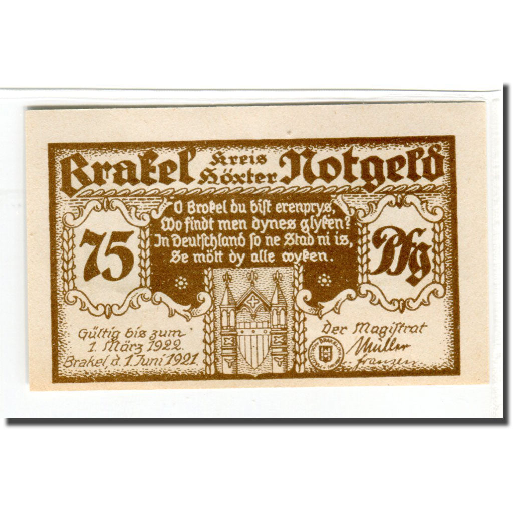 Banknote, Germany, Brakel Stadt, 75 Pfennig, Batiment, 1921, 1921-06-01