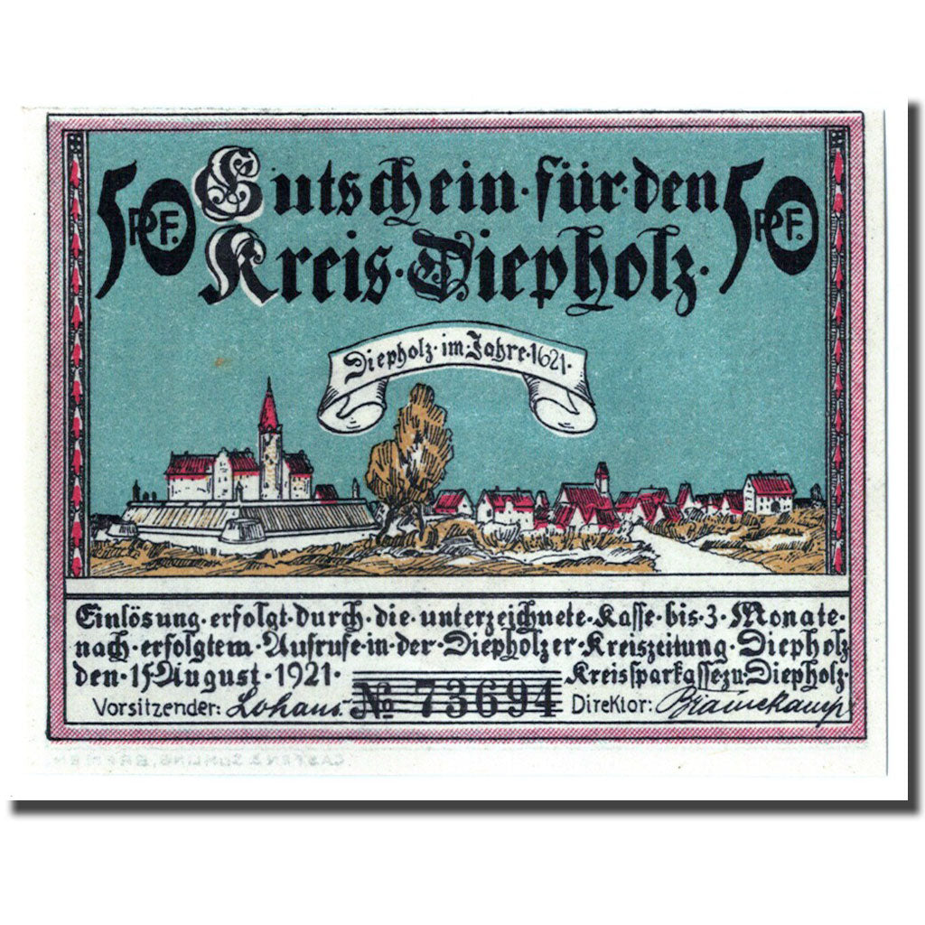 Banknote, Germany, Diepholz, 50 Pfennig, paysage, 1921, 1921-08-15, UNC(63)