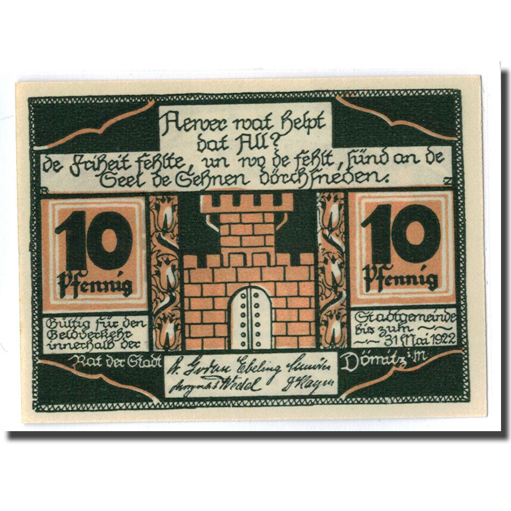 Geldschein, Deutschland, Domitz Stadt, 10 Pfennig, paysage, 1922, UNZ-