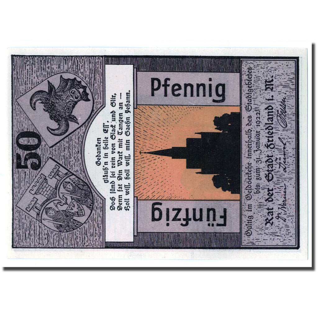 Banknote, Germany, Friedland, 50 Pfennig, batiment 1, 1922, 1922-01-31, UNC(63)