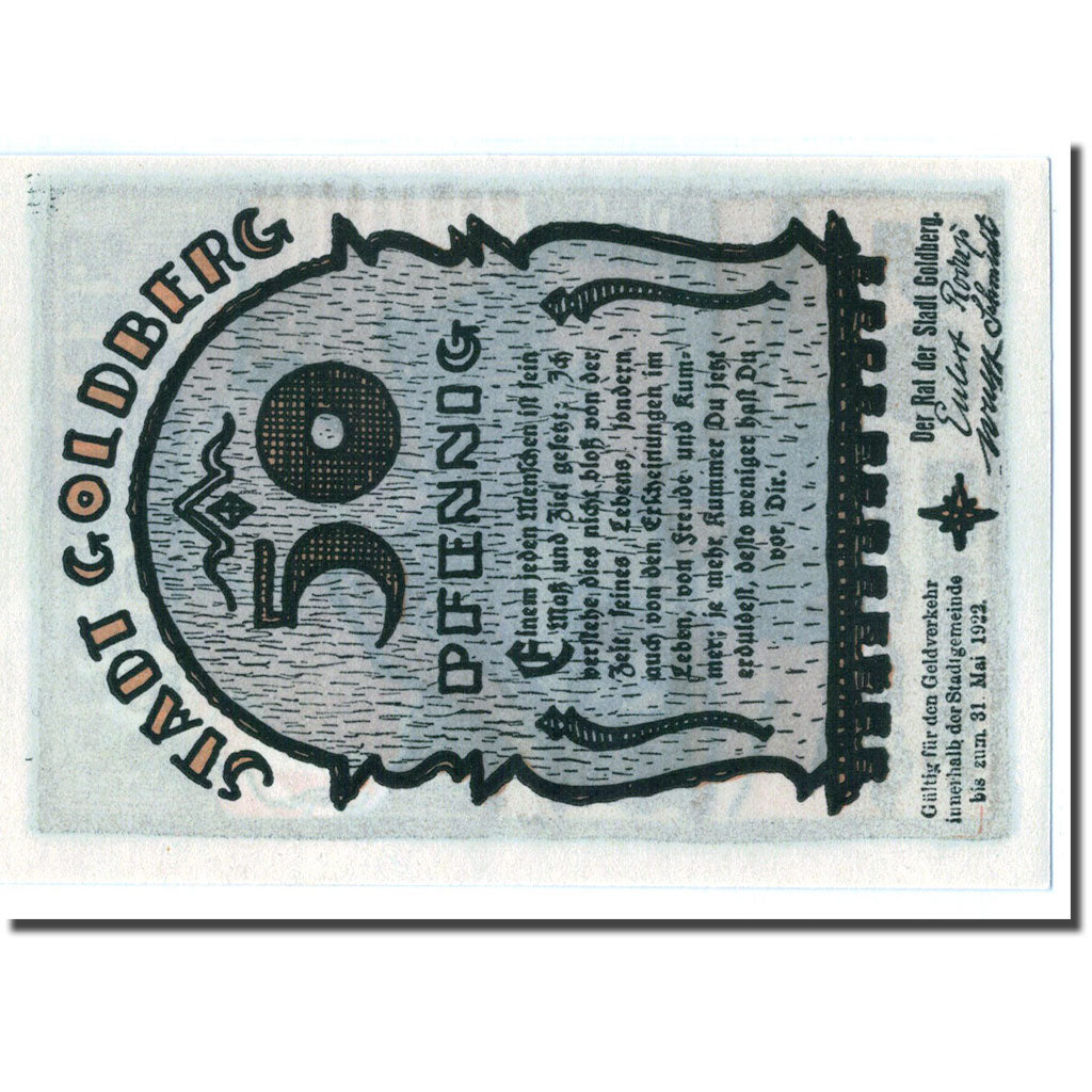 Billet, Allemagne, Goldberg, 50 Pfennig, paysage, 1922, SPL, Mehl:452.1