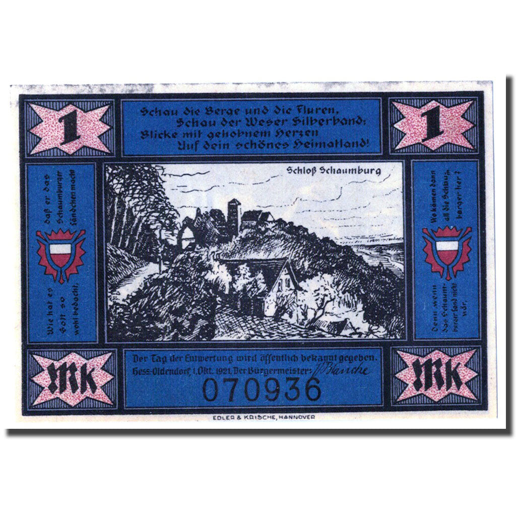 Geldschein, Deutschland, Hessisch Oldendorf, 1 Mark, personnage 1, 1921