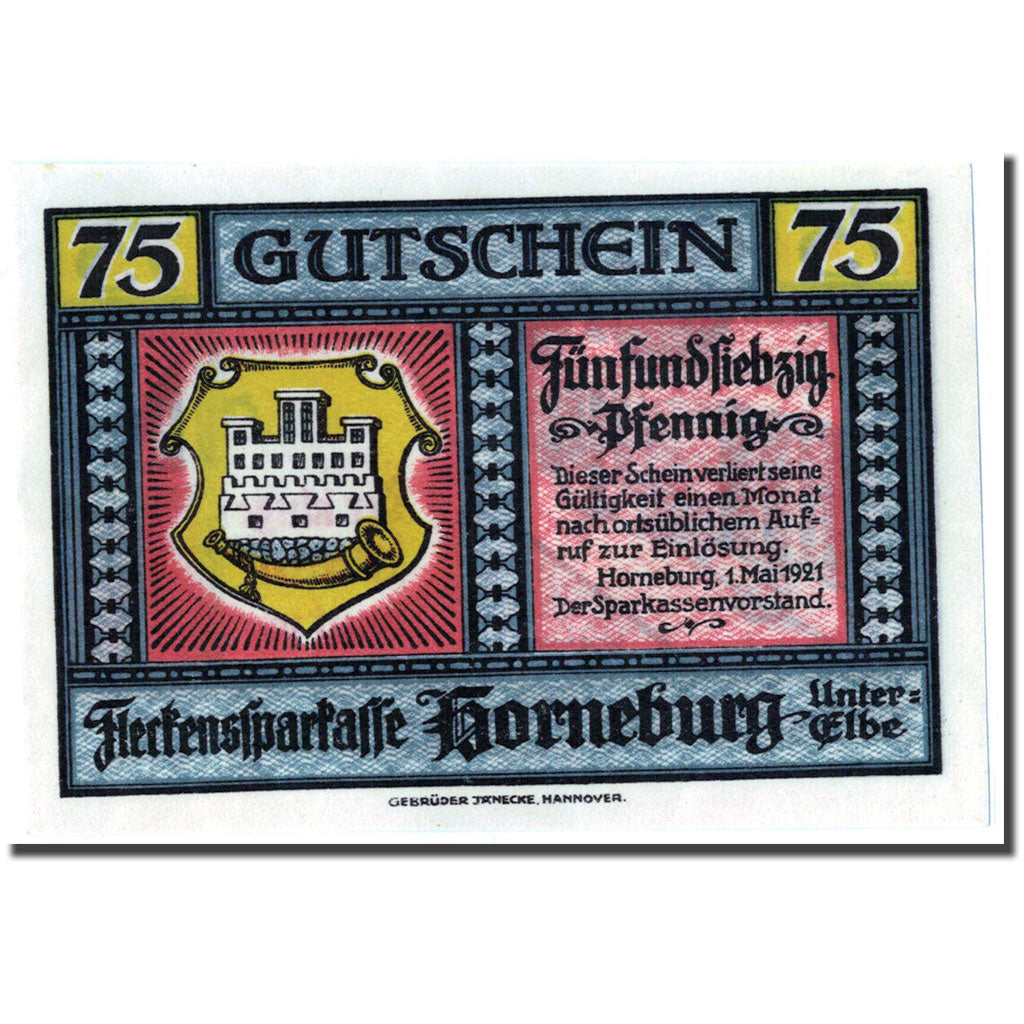 Banknote, Germany, Horneburg, 75 Pfennig, rue, 1921, 1921-05-01, UNC(63)