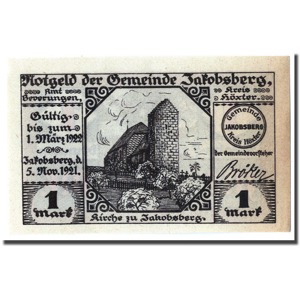 Banknote, Germany, Jakobsberg, 1 Mark, paysage, 1921, 1921-11-05, UNC(63)