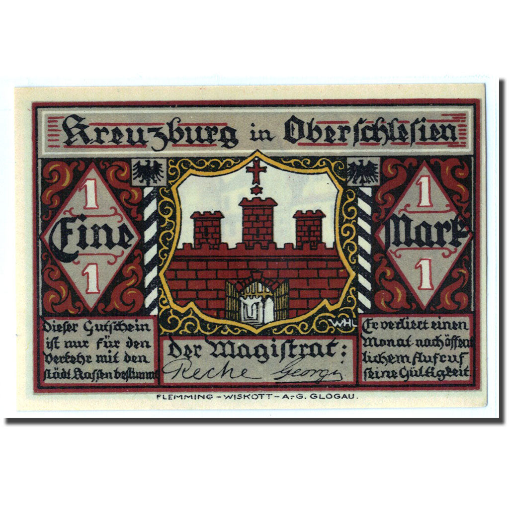 Billete, Alemania, Kreuzburg, 1 Mark, rue, 1921, 1921-10-18, SC, Mehl:744.2