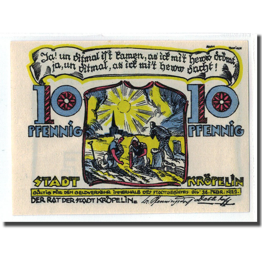 Geldschein, Deutschland, Kröpelin, 10 Pfennig, personnage, 1922, UNZ-