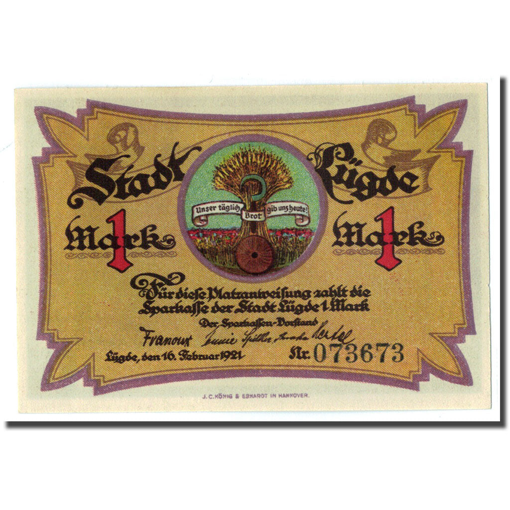 Banknote, Germany, Lugde, 1 Mark, paysage 1, 1921, 1921-02-16, UNC(63)