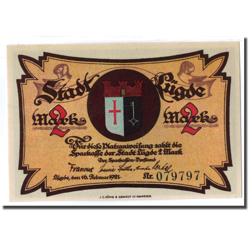 Banknot, Niemcy, Lugde, 2 Mark, paysage 2, 1921, 1921-02-16, UNC(63), Mehl:838.1