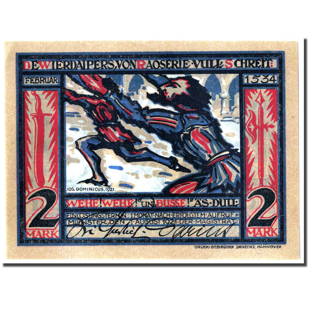 Banknote, Germany, Munster, 2 Mark, personnage, 1921, 1921-08-01, UNC(63)
