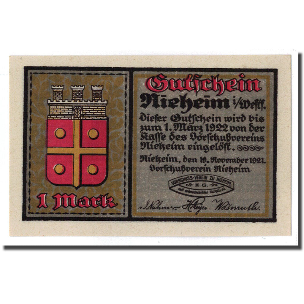 Billete, Alemania, Nieheim, 1 Mark, Maison, 1921, 1921-11-19, SC, Mehl:972.1