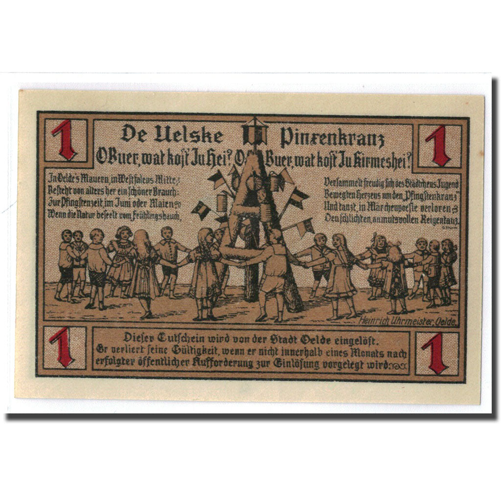Banknote, Germany, Oelde Stadt, 1 Mark, personnage, 1920, 1920-12-07, UNC(63)