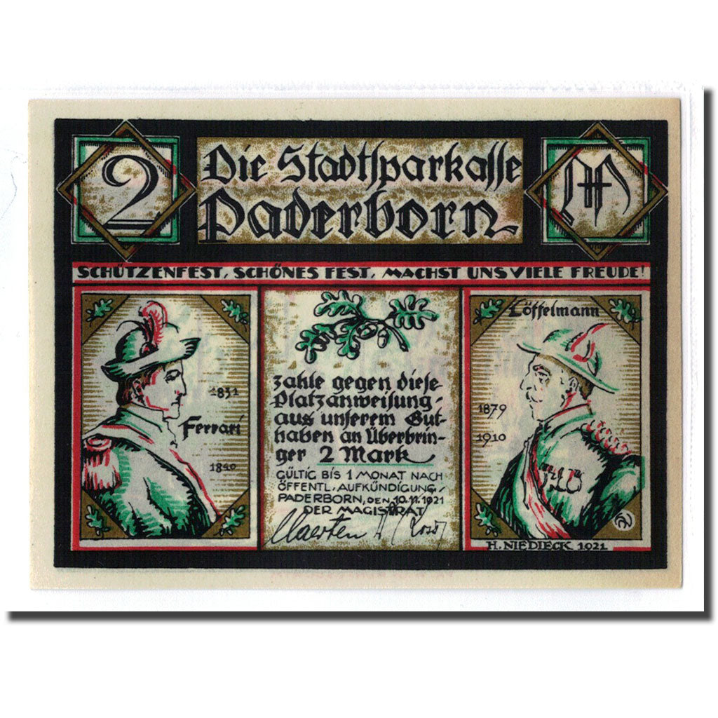 Banknote, Germany, Paderborn, 2 Mark, personnage 3, 1921, 1921-11-10, UNC(63)