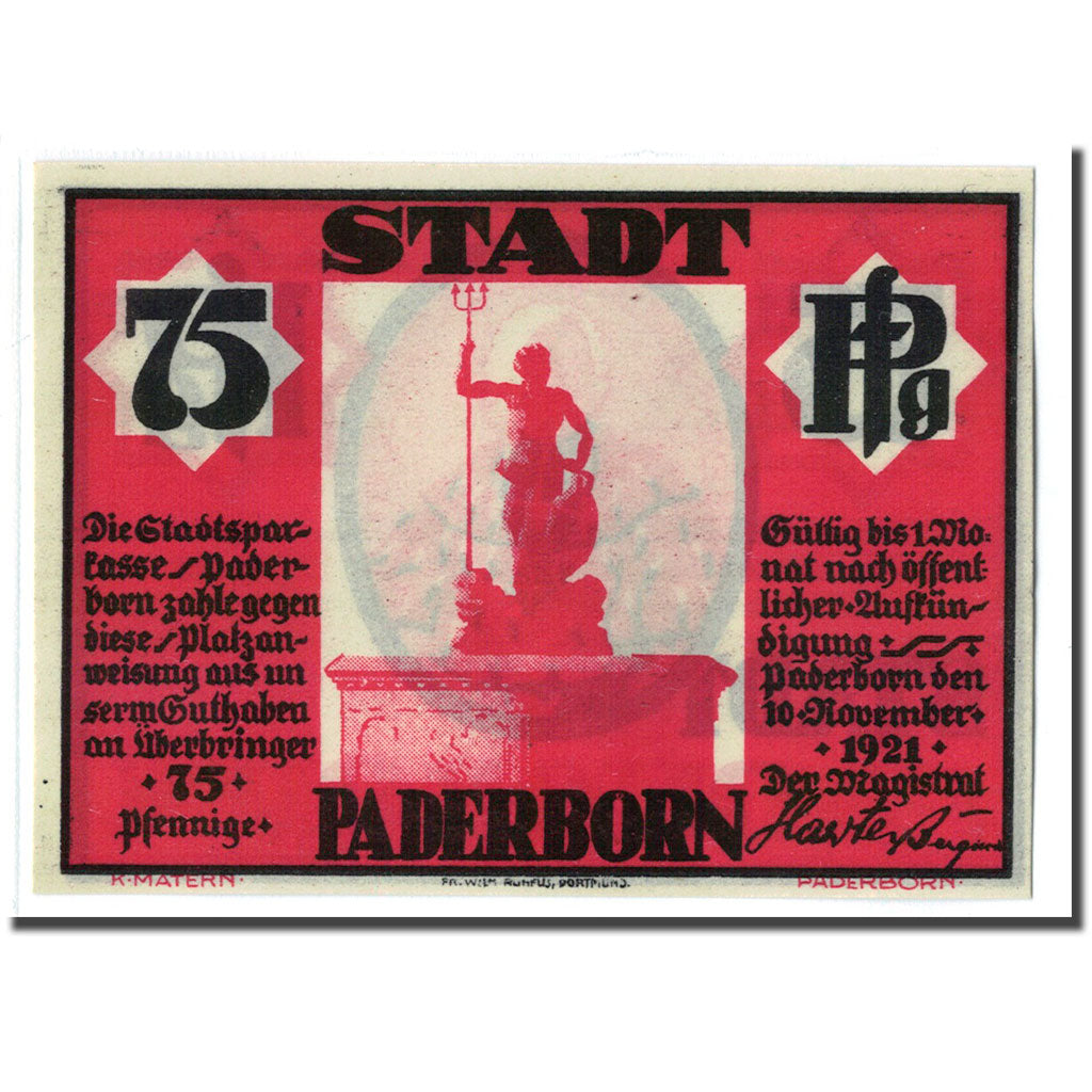 Billete, Alemania, Paderborn, 75 Pfennig, statue, 1921, 1921-11-10, SC