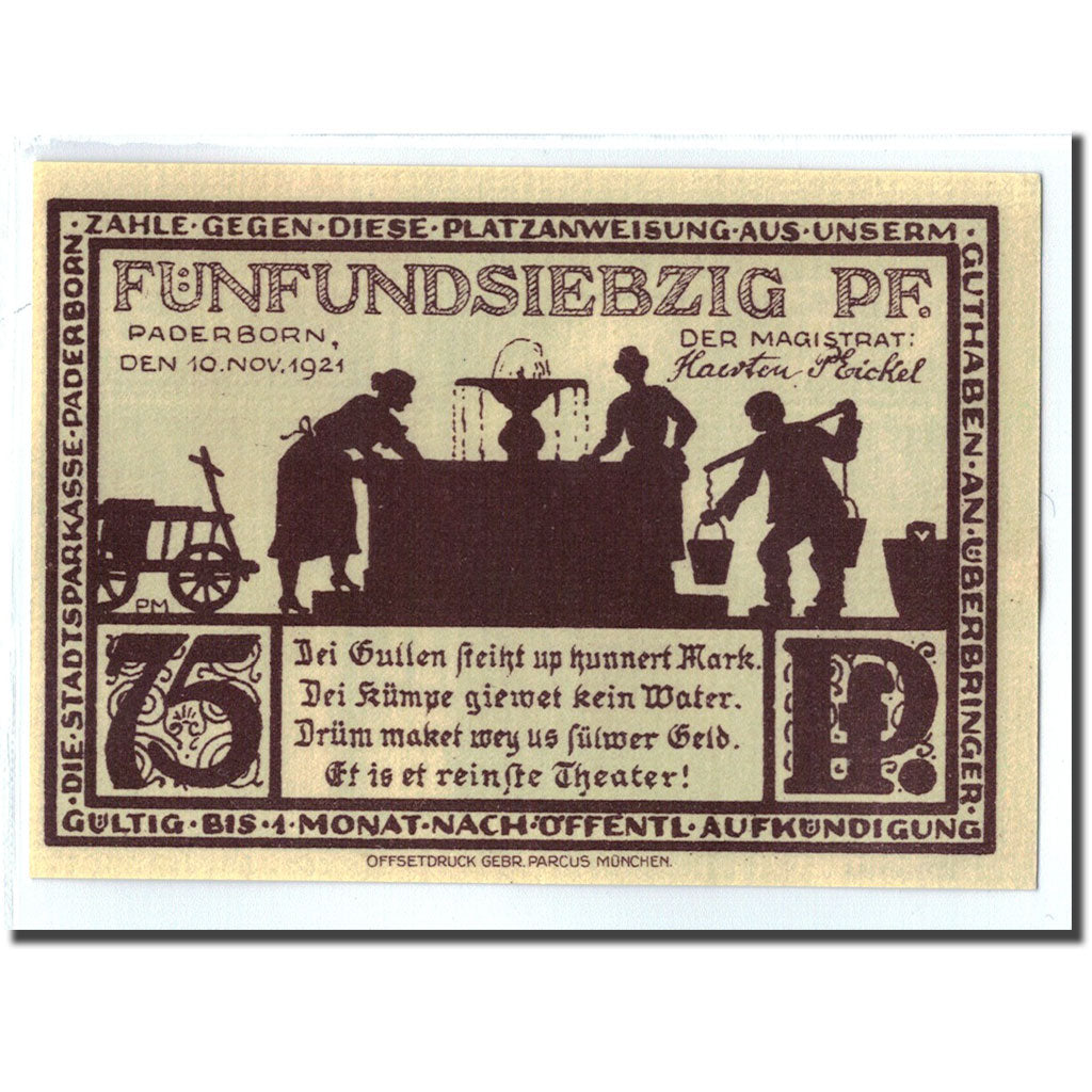 Billete, Alemania, Paderborn, 75 Pfennig, personnage, 1921, 1921-11-10, SC