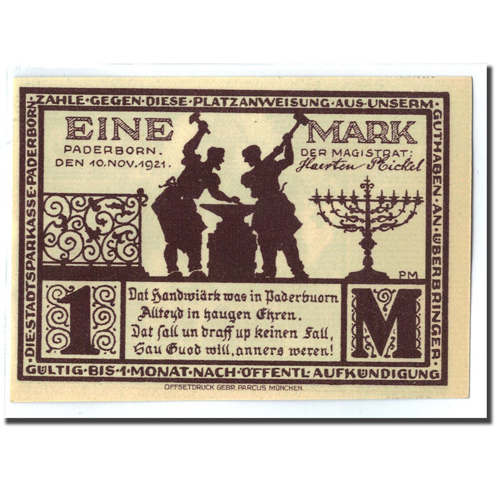 Banknote, Germany, Paderborn, 1 Mark, personnage 2, 1921, 1921-11-10, UNC(63)