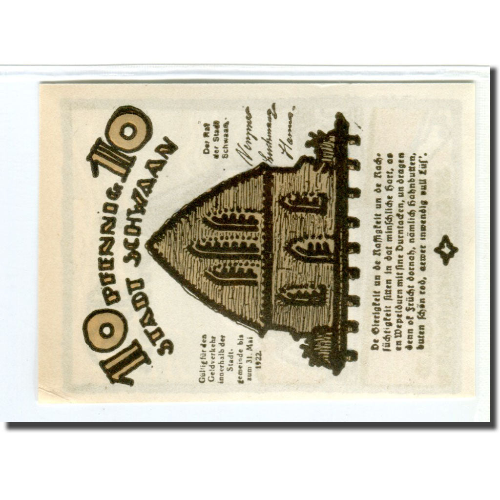 Banknote, Germany, Schwaan, 10 Pfennig, Batiment, 1922, 1922-05-31, UNC(63)