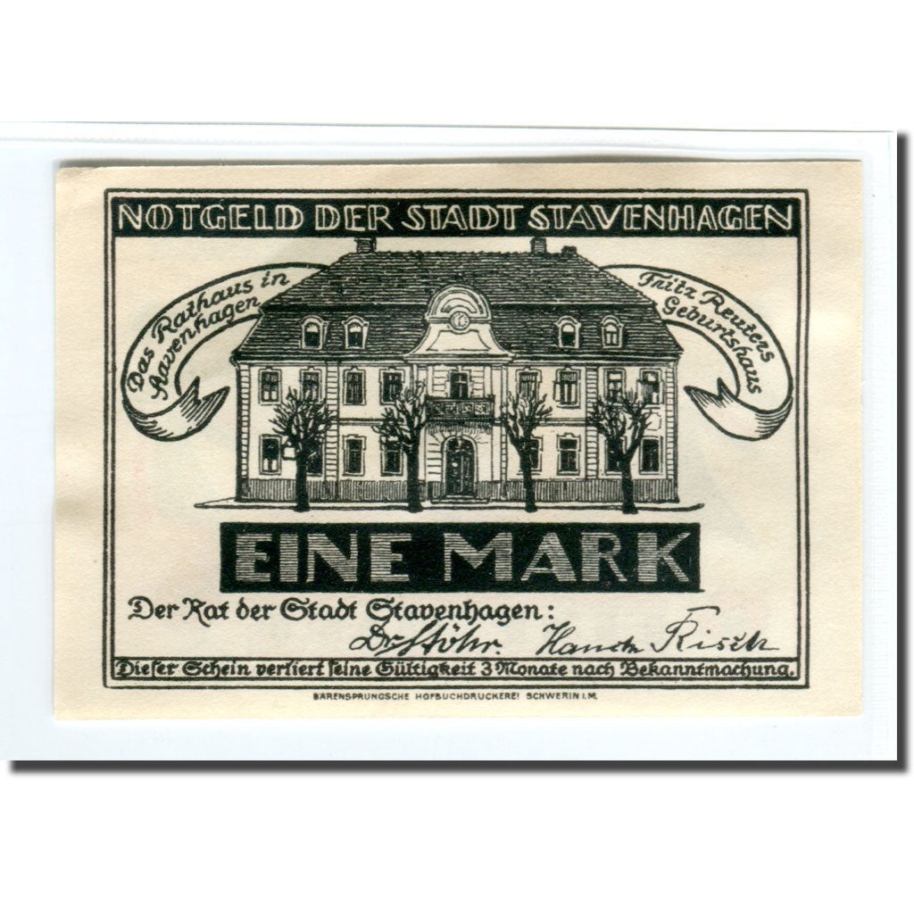 Banknote, Germany, Stavenhagen, 1 Mark, personnage 1, 1921, UNC(63), Mehl:1257.1