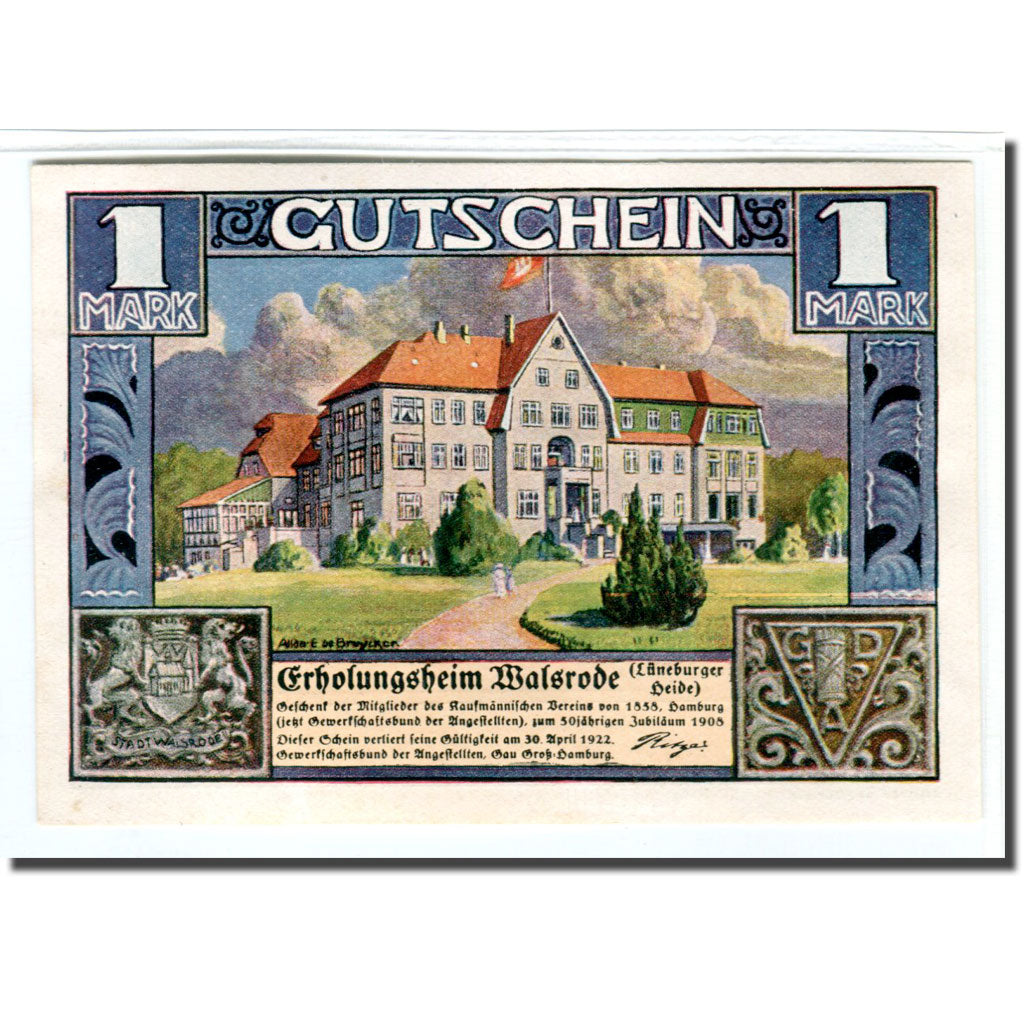 Banknote, Germany, Walsrode, 1 Mark, personnage, 1922, 1922-04-30, UNC(63)
