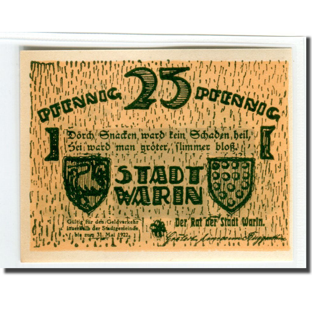 Banknote, Germany, Warin, 25 Pfennig, Batiment, 1922, UNC(63), Mehl:1378.2