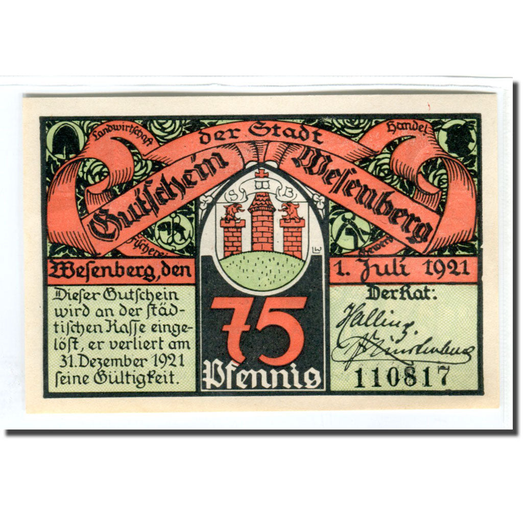 Banknote, Germany, Wesenberg, 75 Pfennig, personnage, 1921, 1921-07-01, UNC(63)