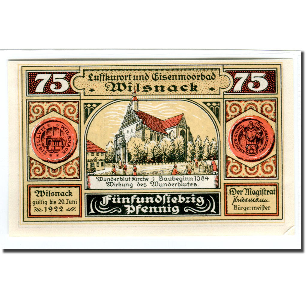 Banknote, Germany, Wilsnack, 75 Pfennig, personnage, 1922, UNC(63), Mehl:1433.1