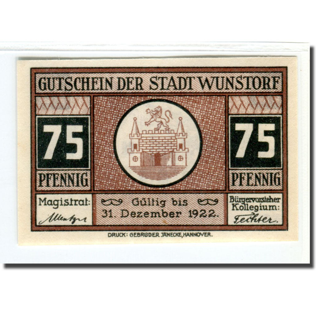 Banknote, Germany, Wunstorf, 75 Pfennig, Batiment, 1922, 1922-12-31, UNC(63)