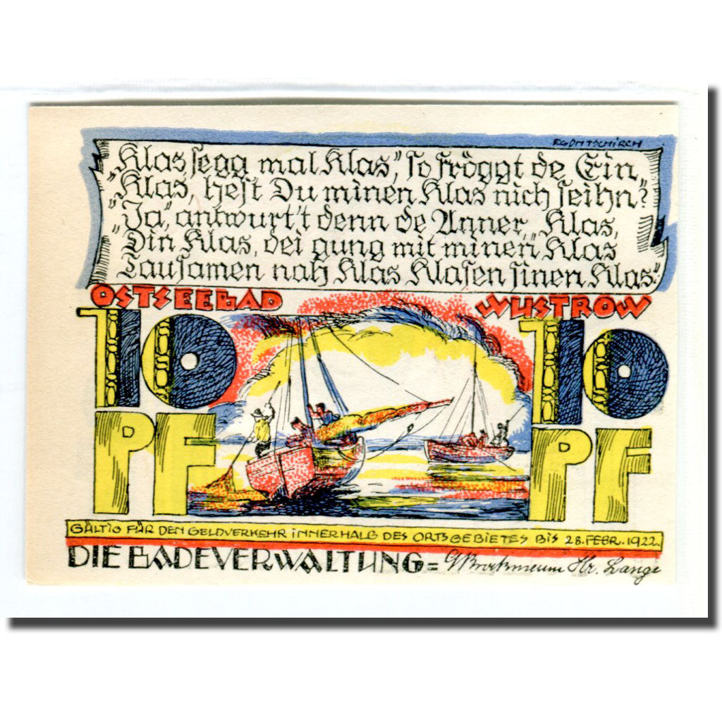 Banknote, Germany, Wustrow, 10 Pfennig, bateau, 1922, UNC(63), Mehl:1460.1