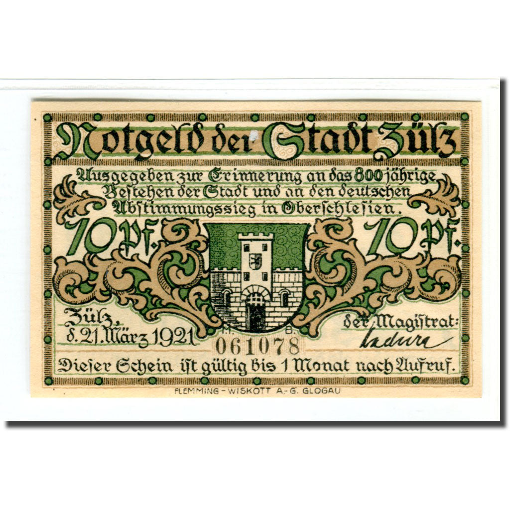Banknote, Germany, Zülz, 10 Pfennig, village, 1921, 1921-03-21, UNC(63)