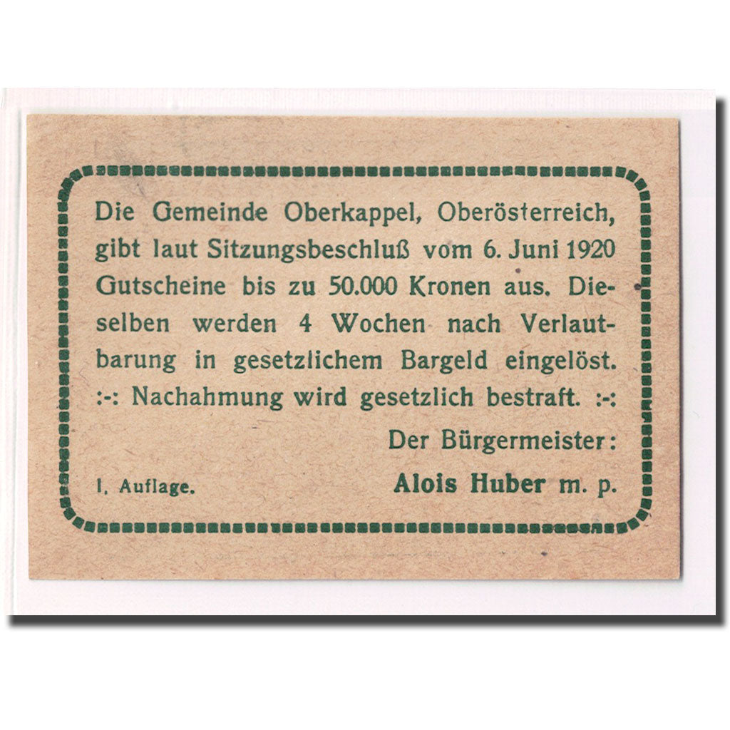 Billet, Autriche, Oberkappel O.Ö. Gemeinde, 20 Heller, texte 1, 1920, SPL