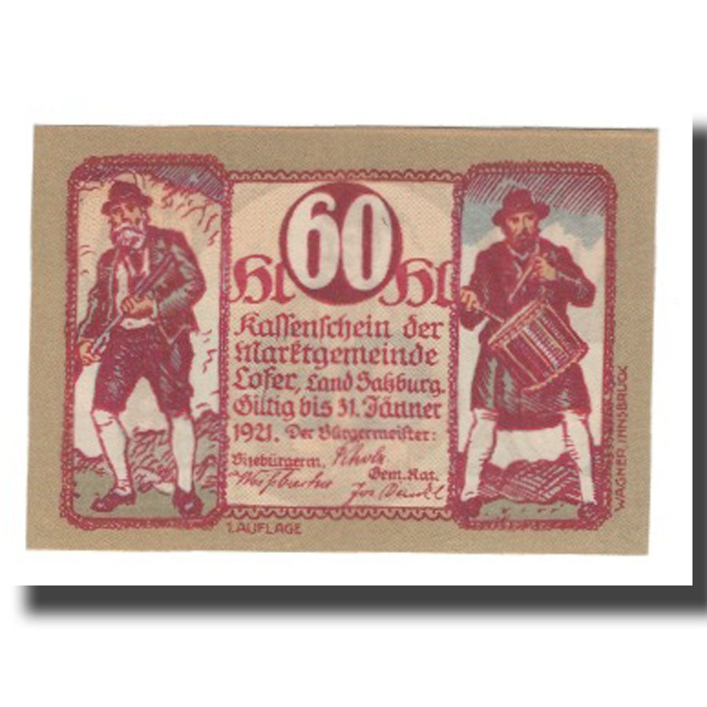 Banknote, Austria, Lofer, 60 Heller, personnage, 1921, 1921-01-31, UNC(65-70)