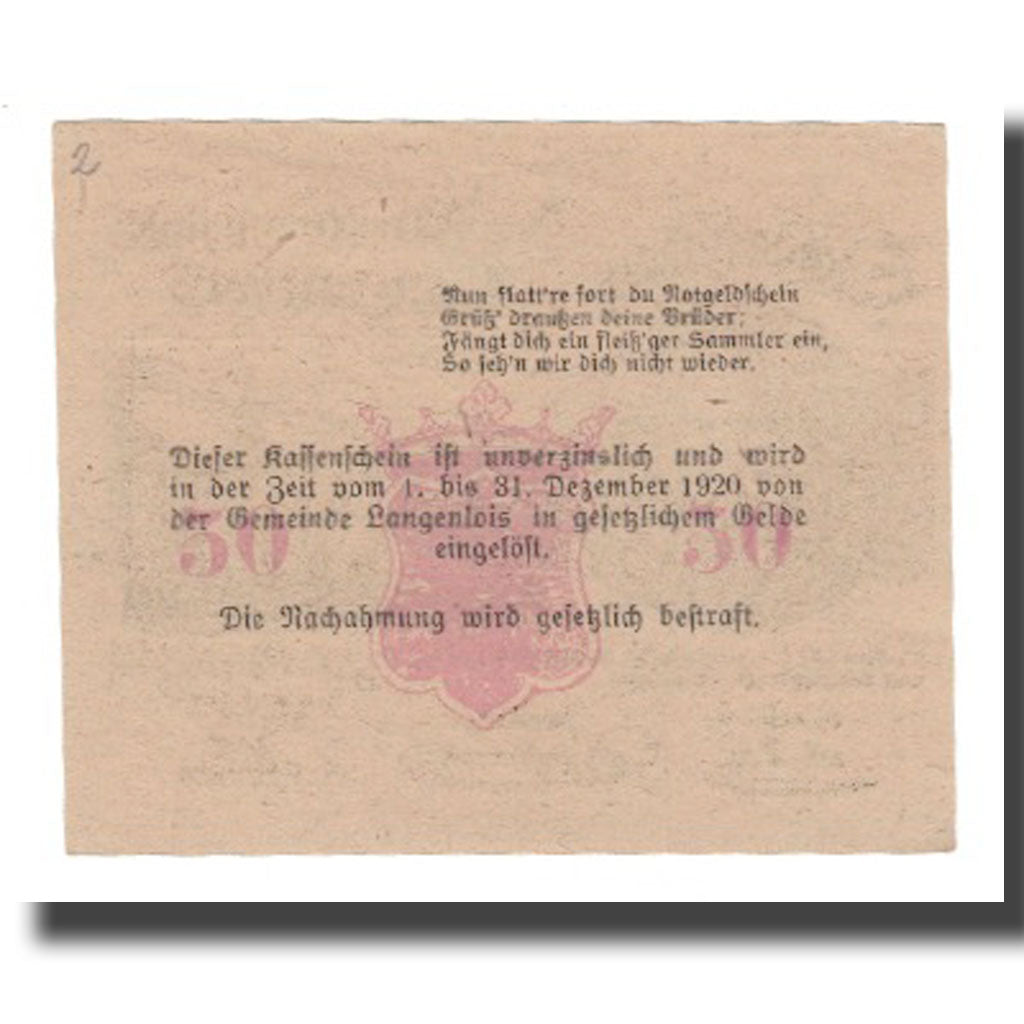 Banknote, Austria, Langenlois, 50 Heller, texte 1, 1920, 1920-12-31, UNC(65-70)
