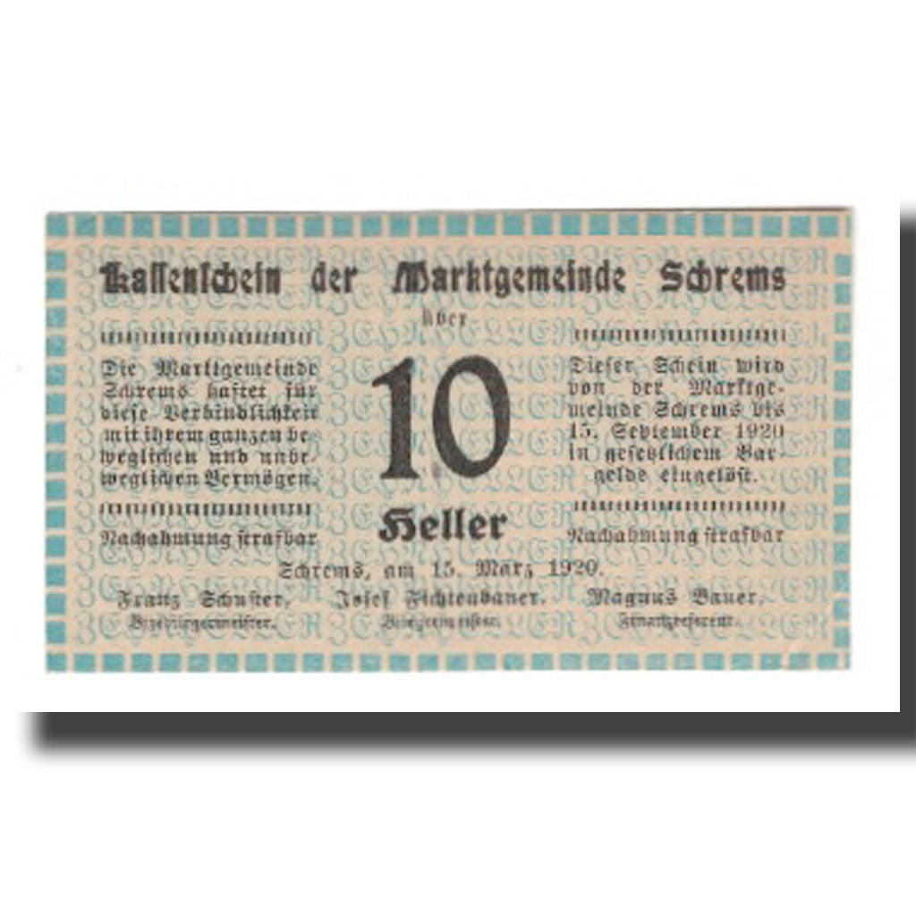 Geldschein, Österreich, Schrems, 10 Heller, N.D, 1920, 1920-09-15, UNZ, Mehl:FS