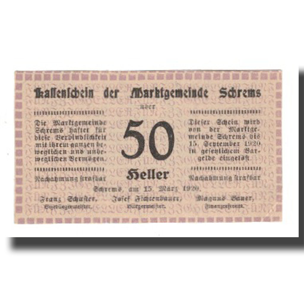 Banknote, Austria, Schrems, 50 Heller, N.D, 1920, 1920-09-15, UNC(65-70)