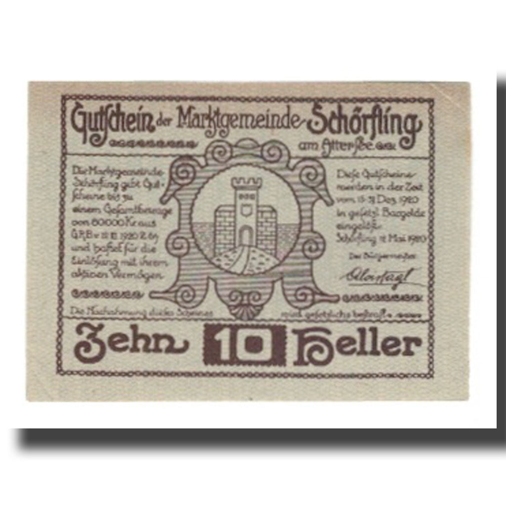 Banknote, Austria, Schörfling am Attersee O.Ö. Marktgemeinde, 10 Heller