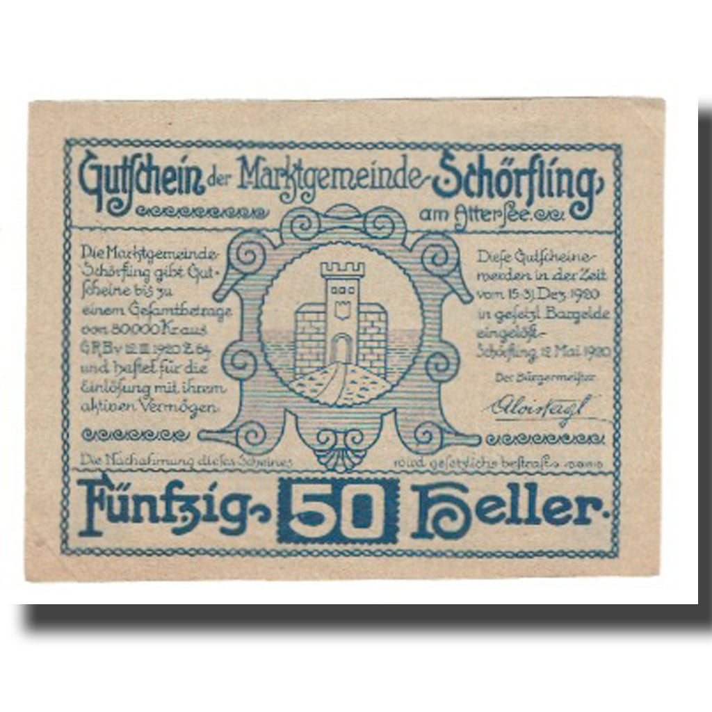 Geldschein, Österreich, Schörfling am Attersee O.Ö. Marktgemeinde, 50 Heller