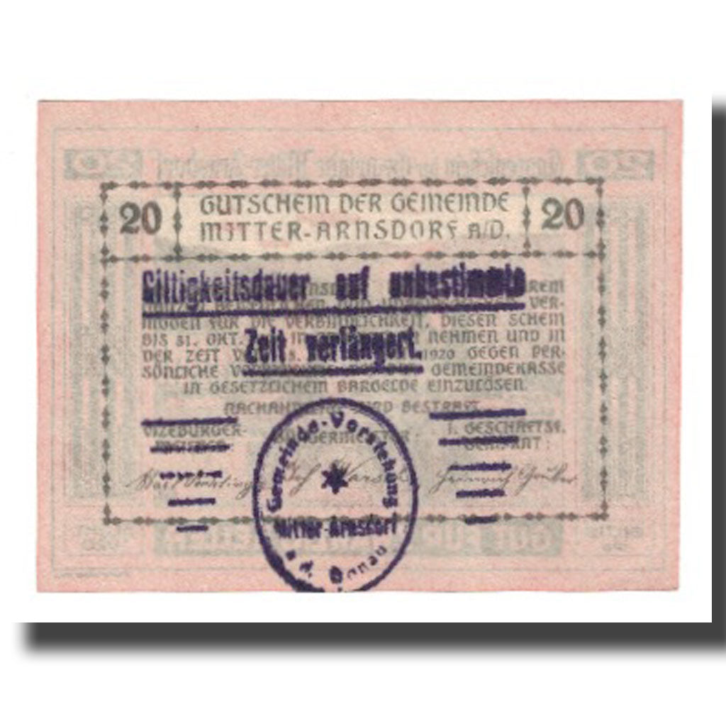 Nota, Áustria, Mitter-Arnsdorf, 20 Heller, texte 1, 1920, 1920-12-31