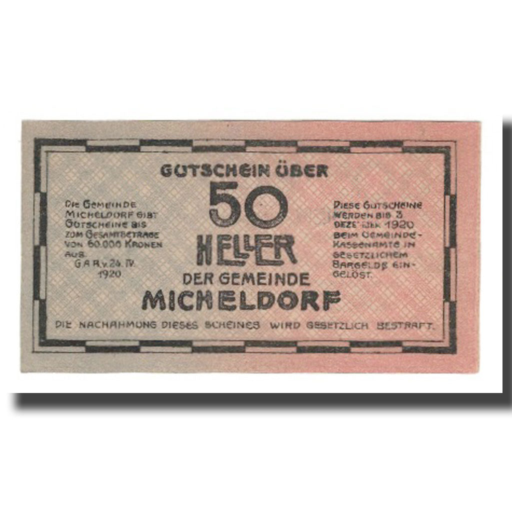 Billet, Autriche, Micheldorf O.Ö. Gemeinde, 50 Heller, personnage, 1920
