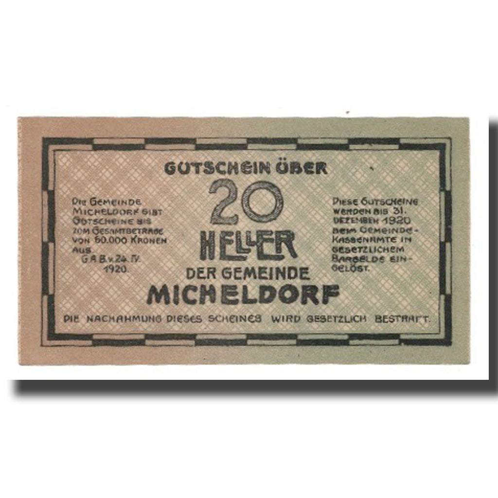 Billete, Austria, Micheldorf O.Ö. Gemeinde, 20 Heller, paysage 1, 1920