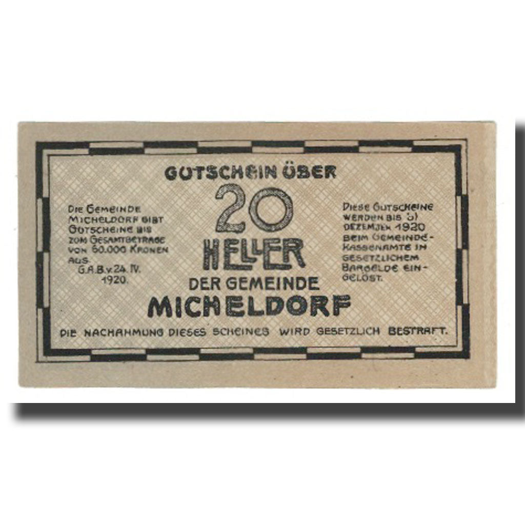Billete, Austria, Micheldorf O.Ö. Gemeinde, 20 Heller, paysage 2, 1920