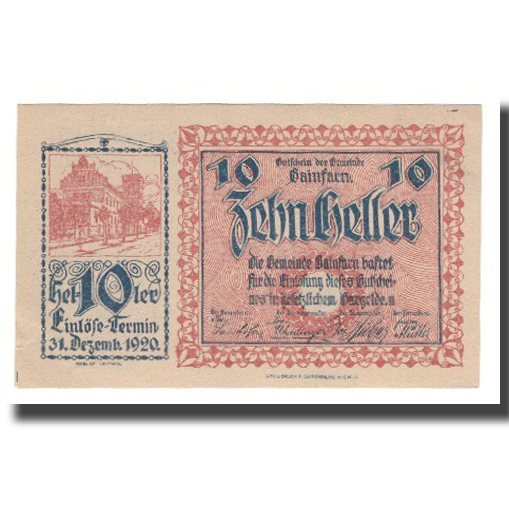 Billete, Austria, Gainfarn N.Ö. Gemeinde, 10 Heller, Blason 3, 1920