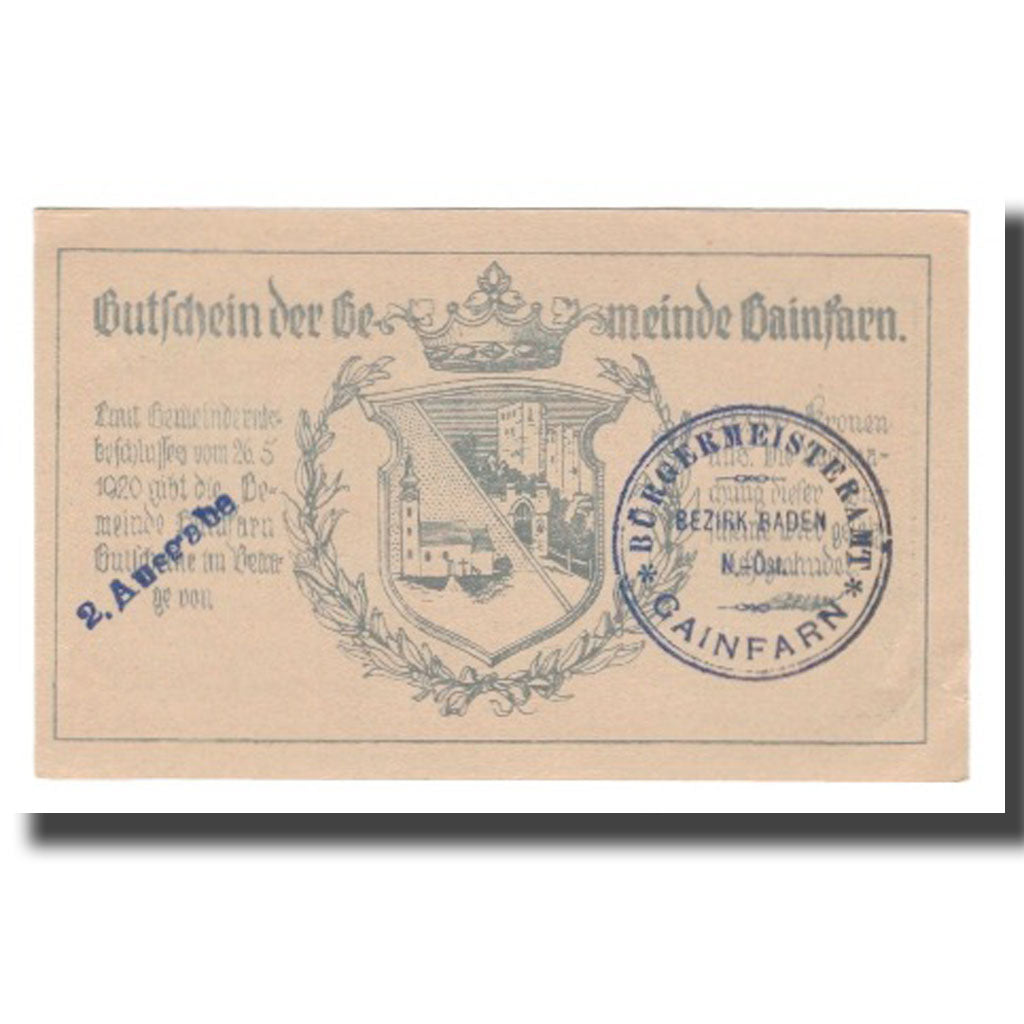 Billete, Austria, Gainfarn N.Ö. Gemeinde, 10 Heller, Blason 3, 1920