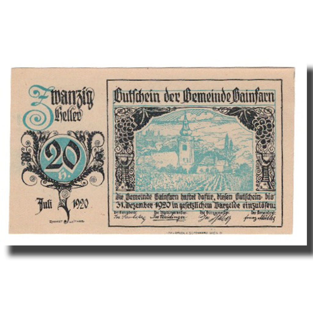 Banknote, Austria, Gainfarn N.Ö. Gemeinde, 20 Heller, Blason 4, 1920
