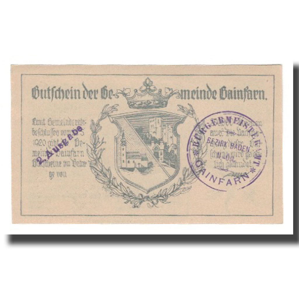 Banknote, Austria, Gainfarn N.Ö. Gemeinde, 20 Heller, Blason 4, 1920