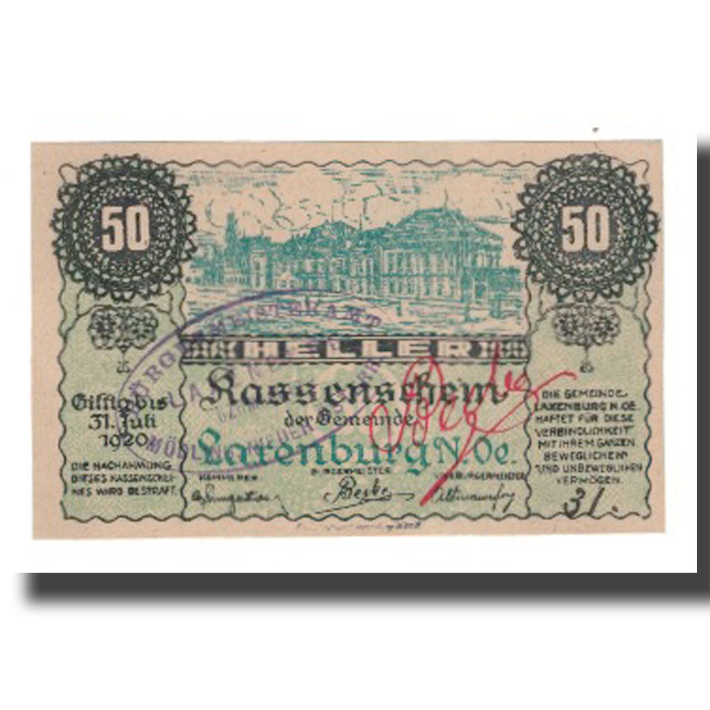Nota, Áustria, Laxenburg N.Ö. Gemeinde, 50 Heller, N.D, 1920, 1920-12-31