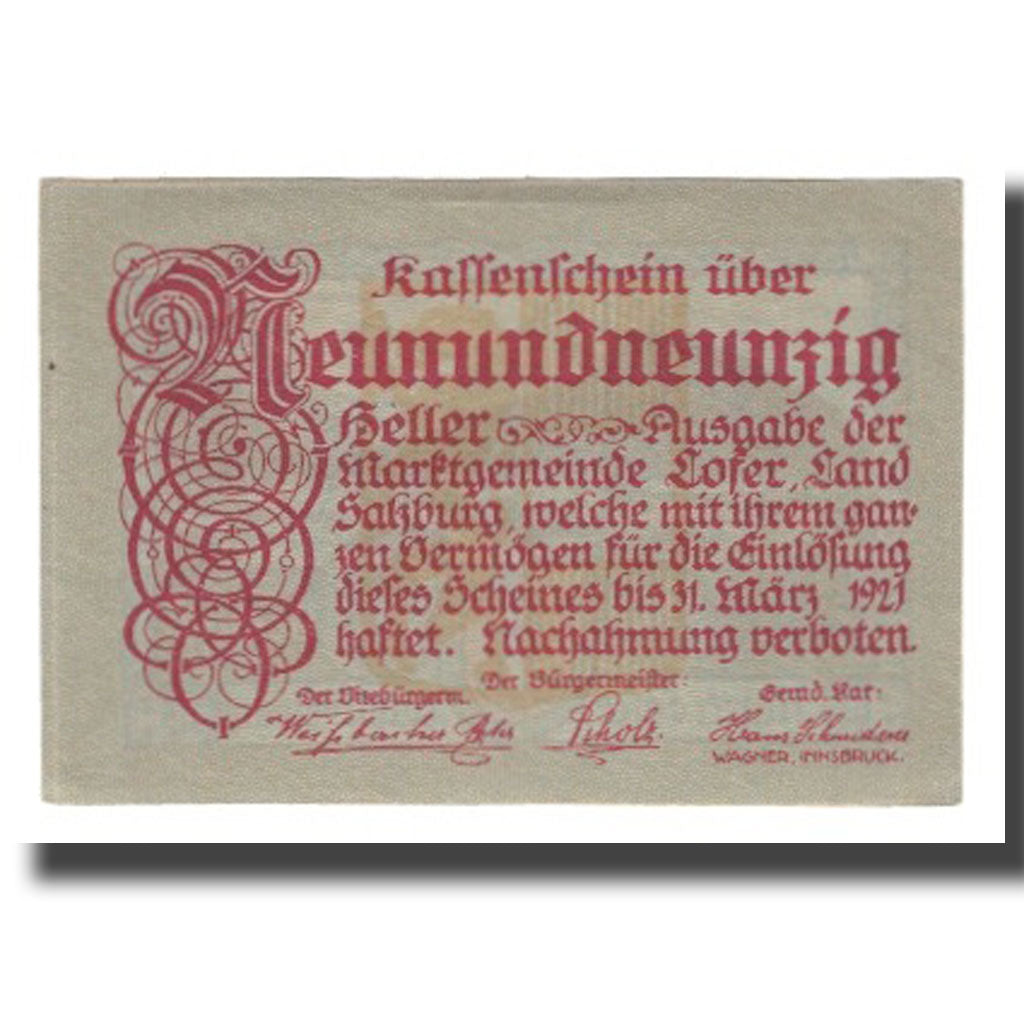 Banknote, Austria, Lofer Sbg. Marktgemeinde, 99 Heller, paysage 1, 1921