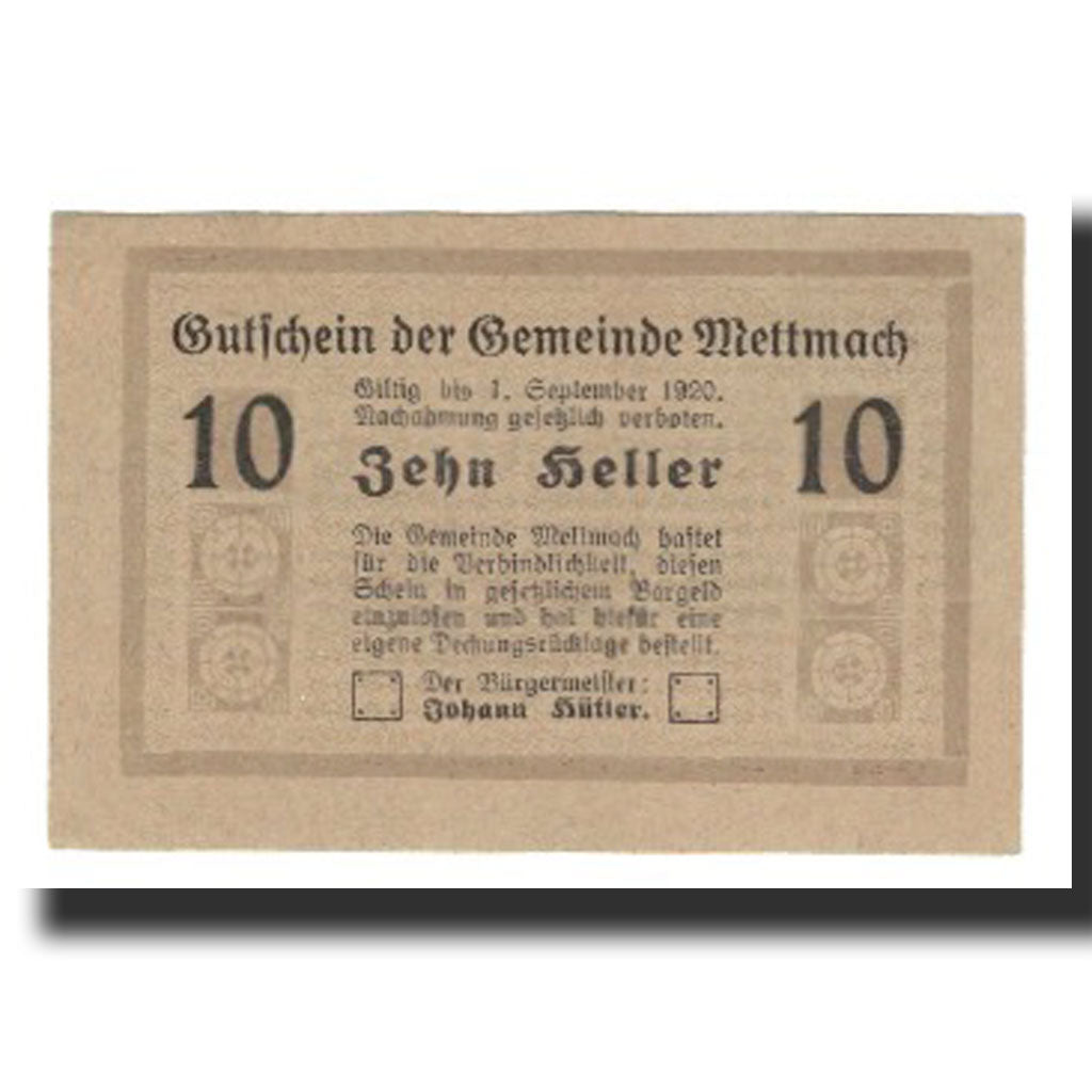 Billet, Autriche, Mettmach, 10 Heller, valeur faciale, 1920, 1920-09-01, NEUF