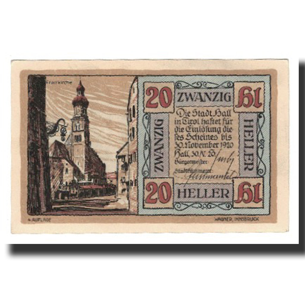 Banknote, Austria, Hall In Tirol Stadtgemeinde, 20 Heller, personnage, 1920